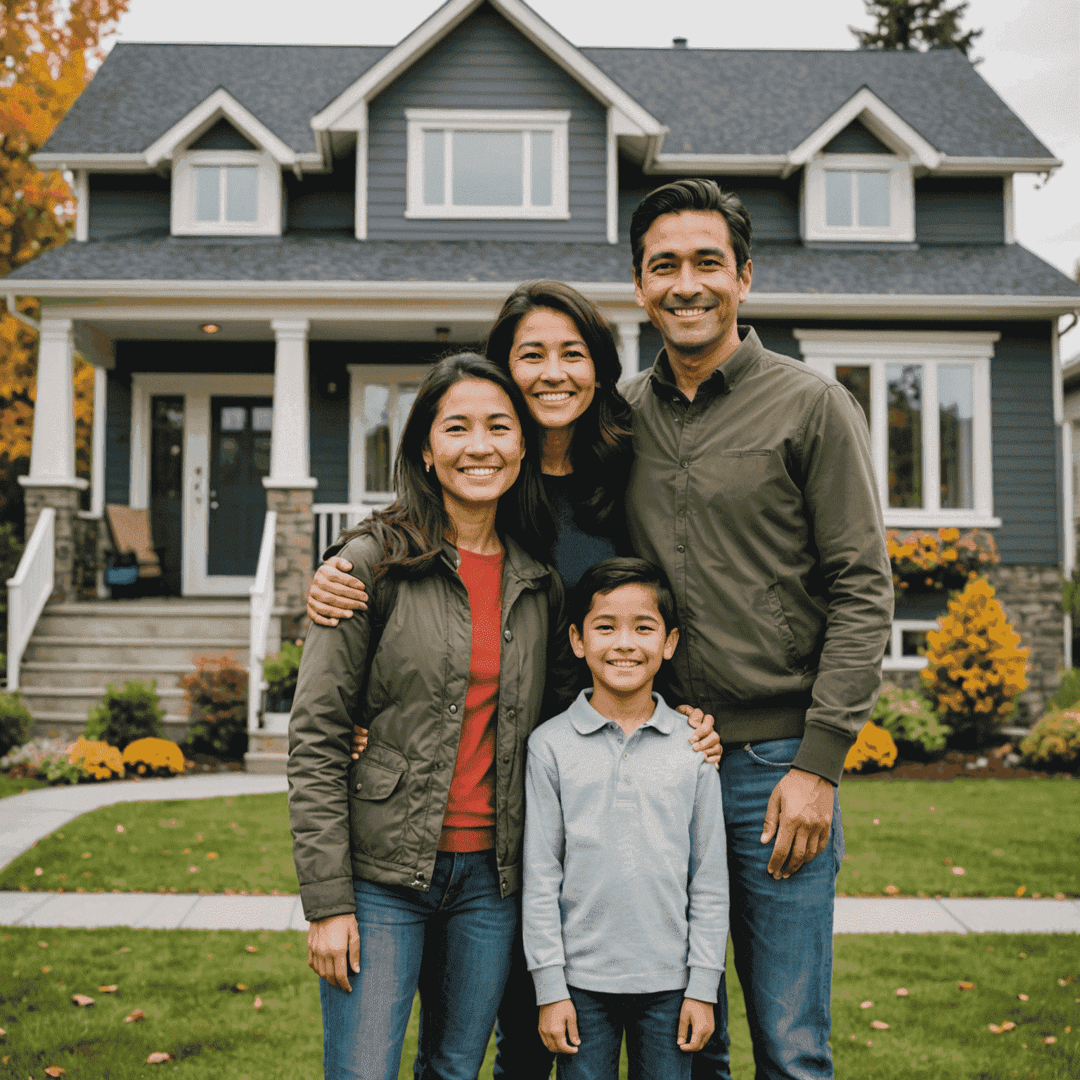 Portrait of a smiling immigrant family of four standing in front of their new home in Canada