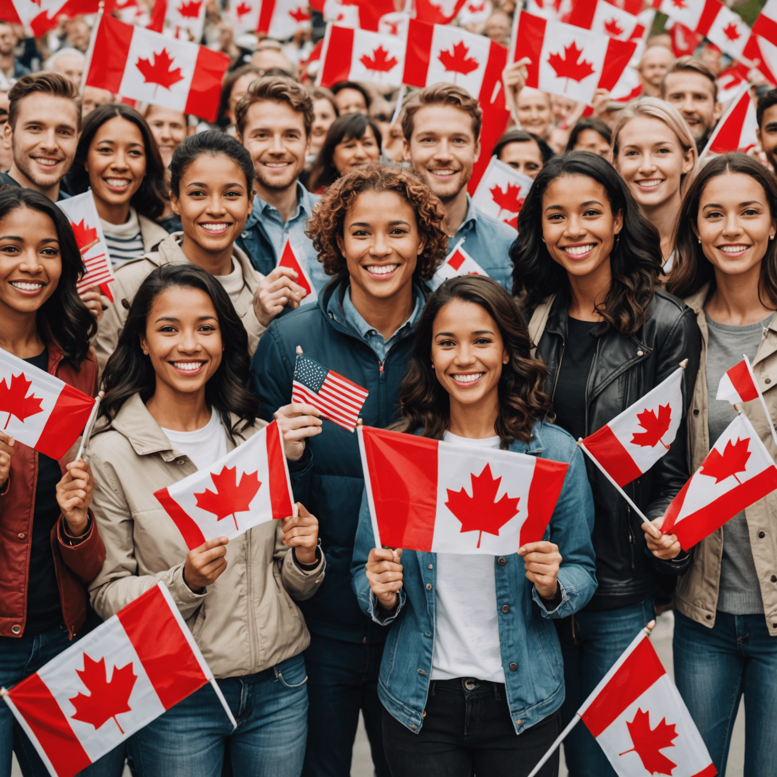 Diverse group of people holding Canadian flags, smiling and celebrating togtogetherer