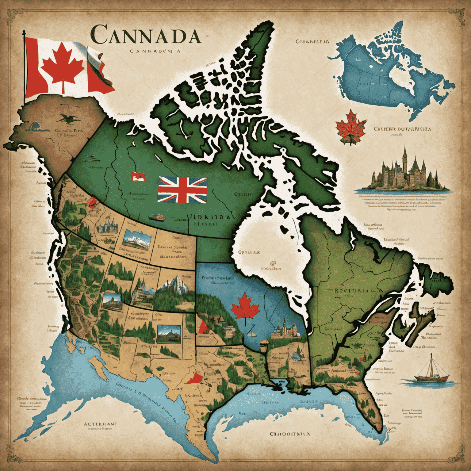 A map of Canada highlighting its provinces, with iconic images representing each province, such as the CN Tower for Ontario, the Rocky Mountains for Alberta, and the Chateau Frontenac for Quebec.