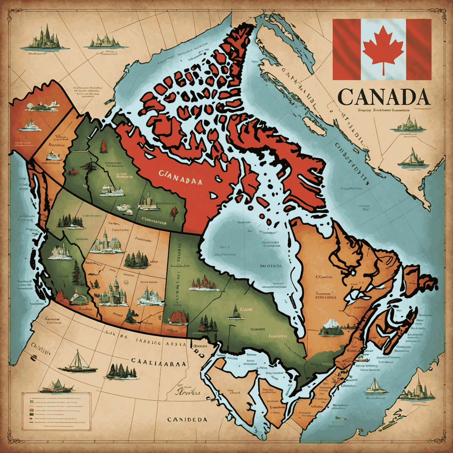 A map of Canada highlighting its provinces, with iconic landmarks and landscapes representing each region.