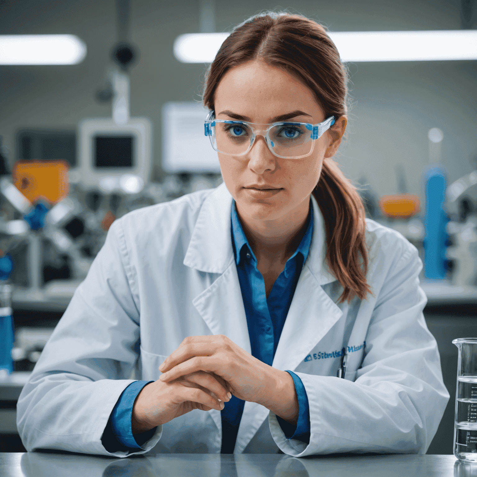 Portrait of a young woman wearing a lab coat and safety goggles, working in a research laboratory