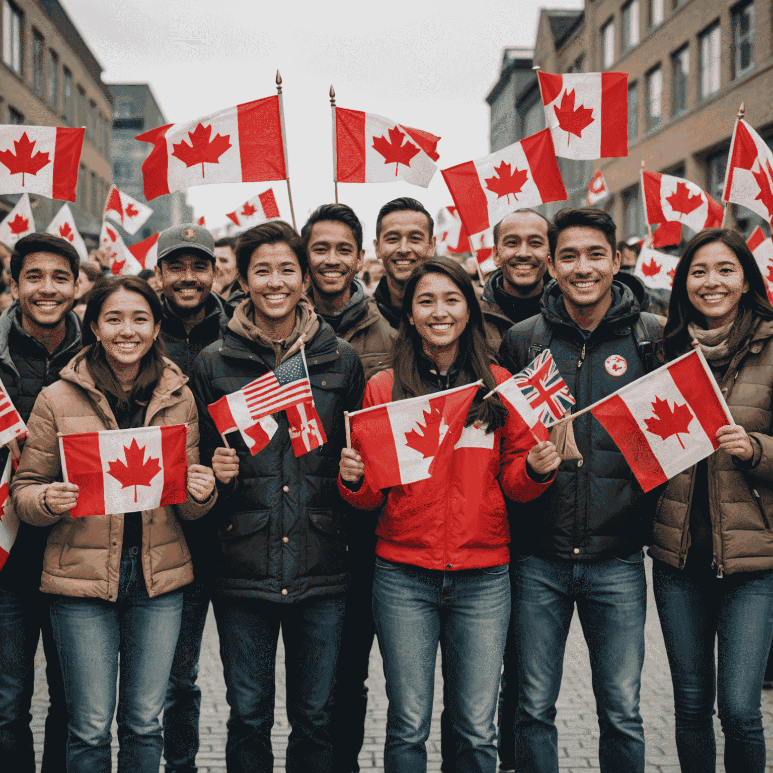 A group of smiling immigrants from various backgrounds, standing togtogetherer and holding Canadian flags, representing their successful integration into Canadian society.