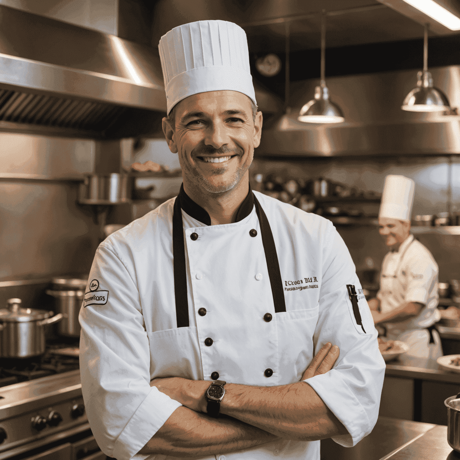 A smiling man in a chef's uniform standing in a well-equipped restaurant kitchen